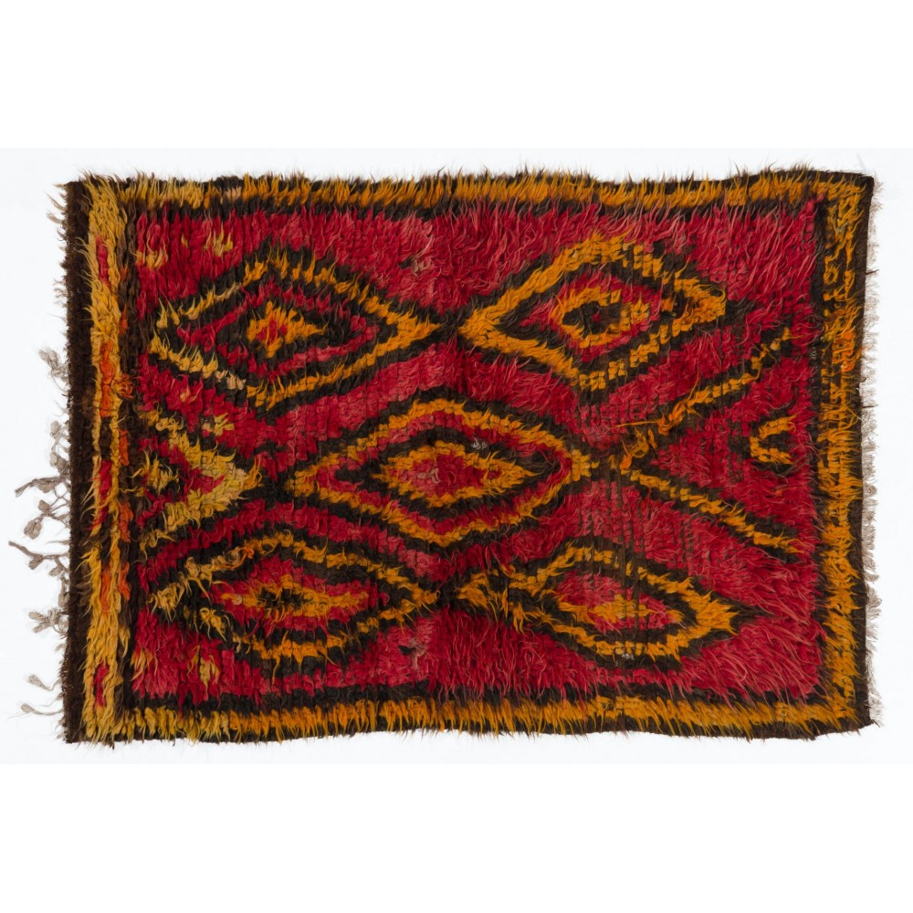 Funky One-of-a-Kind Vintage Handmade Tulu Rug, Made of Red, Orange, Brown Wool