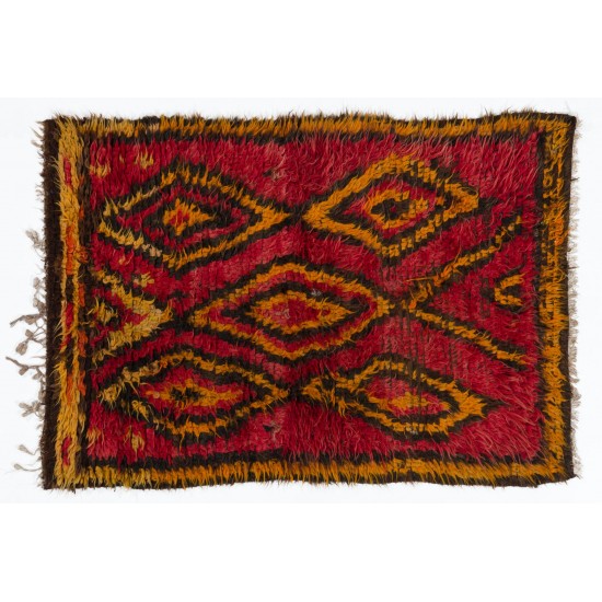 Funky One-of-a-Kind Vintage Tulu Rug, Made of Red, Orange, Brown Wool Funky One-of-a-Kind Vintage Tulu Rug, Made of Red, Orange, Brown Wool