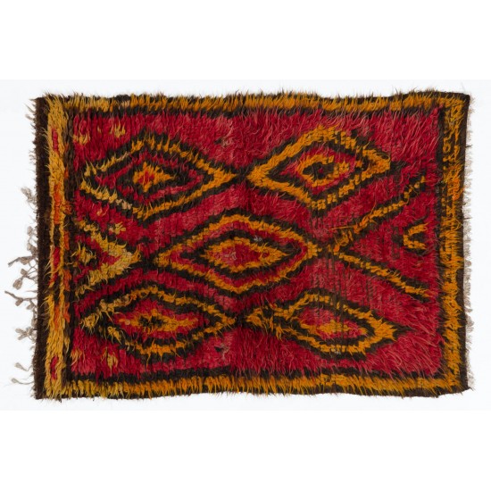 Funky One-of-a-Kind Vintage Tulu Rug, Made of Red, Orange, Brown Wool