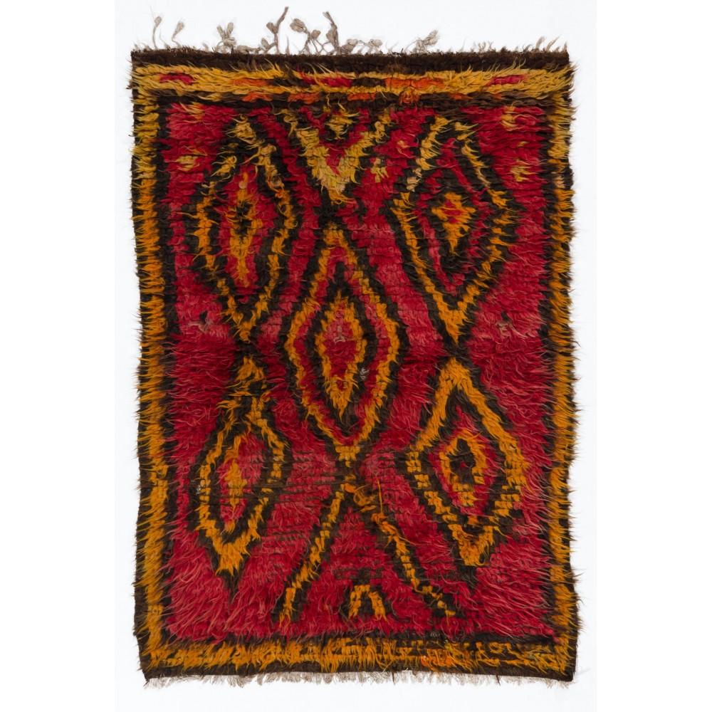 Funky One-of-a-Kind Vintage Handmade Tulu Rug, Made of Red, Orange, Brown Wool