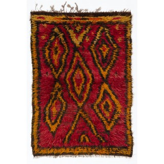 Funky One-of-a-Kind Vintage Handmade Tulu Rug, Made of Red, Orange, Brown Wool