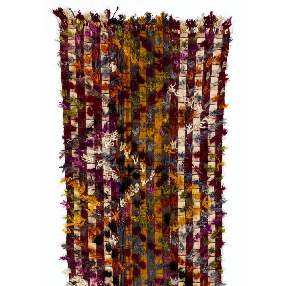 Vintage Hand-Woven Turkish Kilim Runner Rug with Colorful Poms