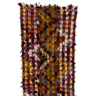 Vintage Hand-Woven Turkish Kilim Runner Rug with Colorful Poms