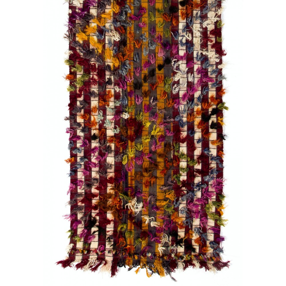 Vintage Hand-Woven Turkish Kilim Runner Rug with Colorful Poms