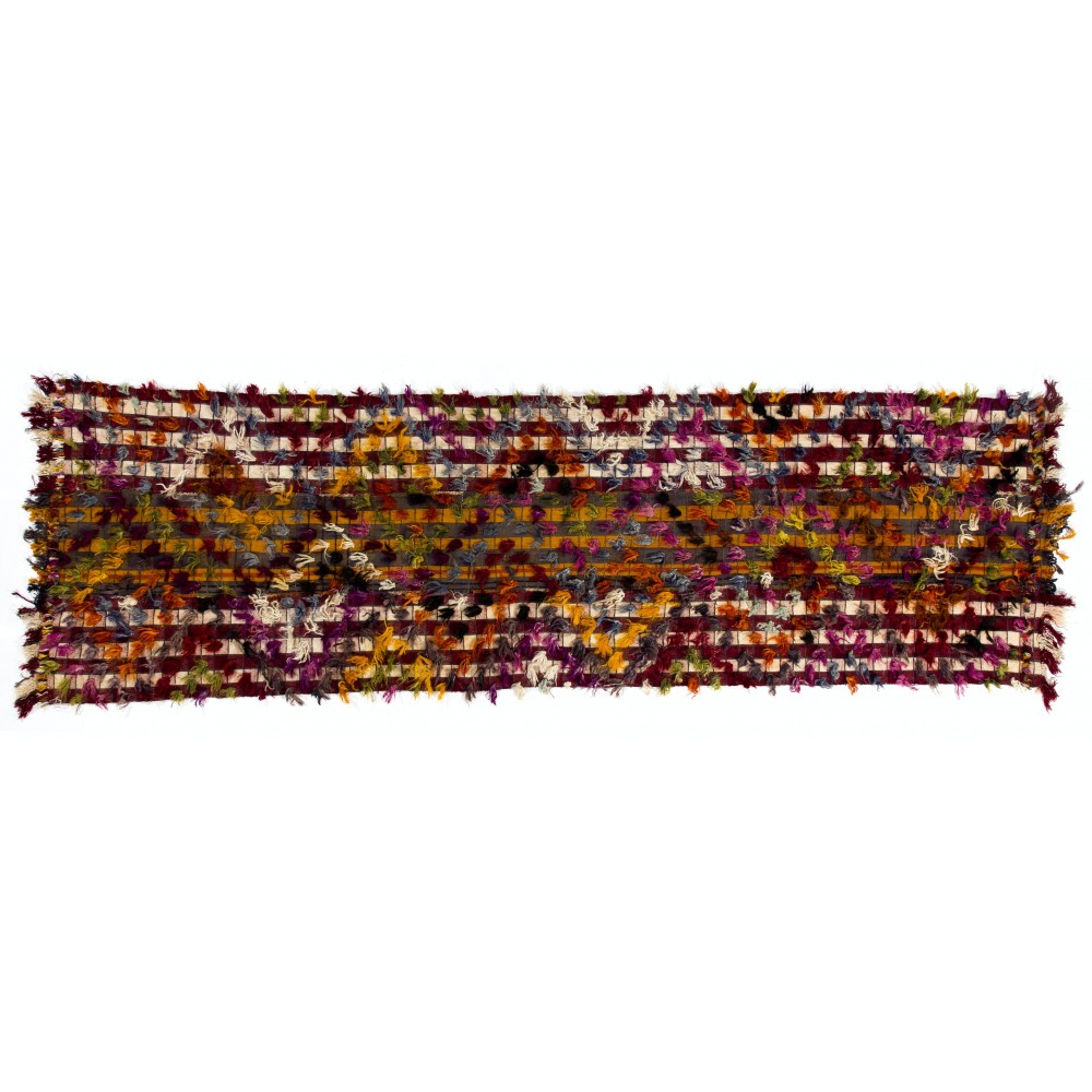 Vintage Hand-Woven Turkish Kilim Runner Rug with Colorful Poms