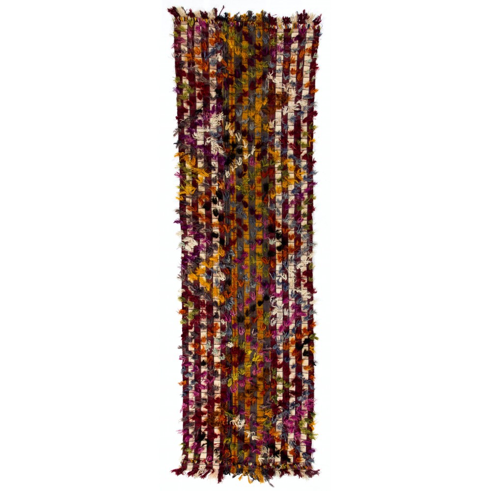 Vintage Hand-Woven Turkish Kilim Runner Rug with Colorful Poms