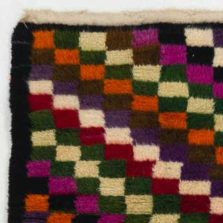 Colorful Vintage Handmade Checkered Tulu Rug, Soft Wool Pile