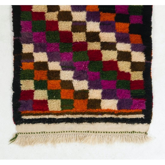 Colorful Vintage Checkered Tulu Rug, Soft Wool Pile