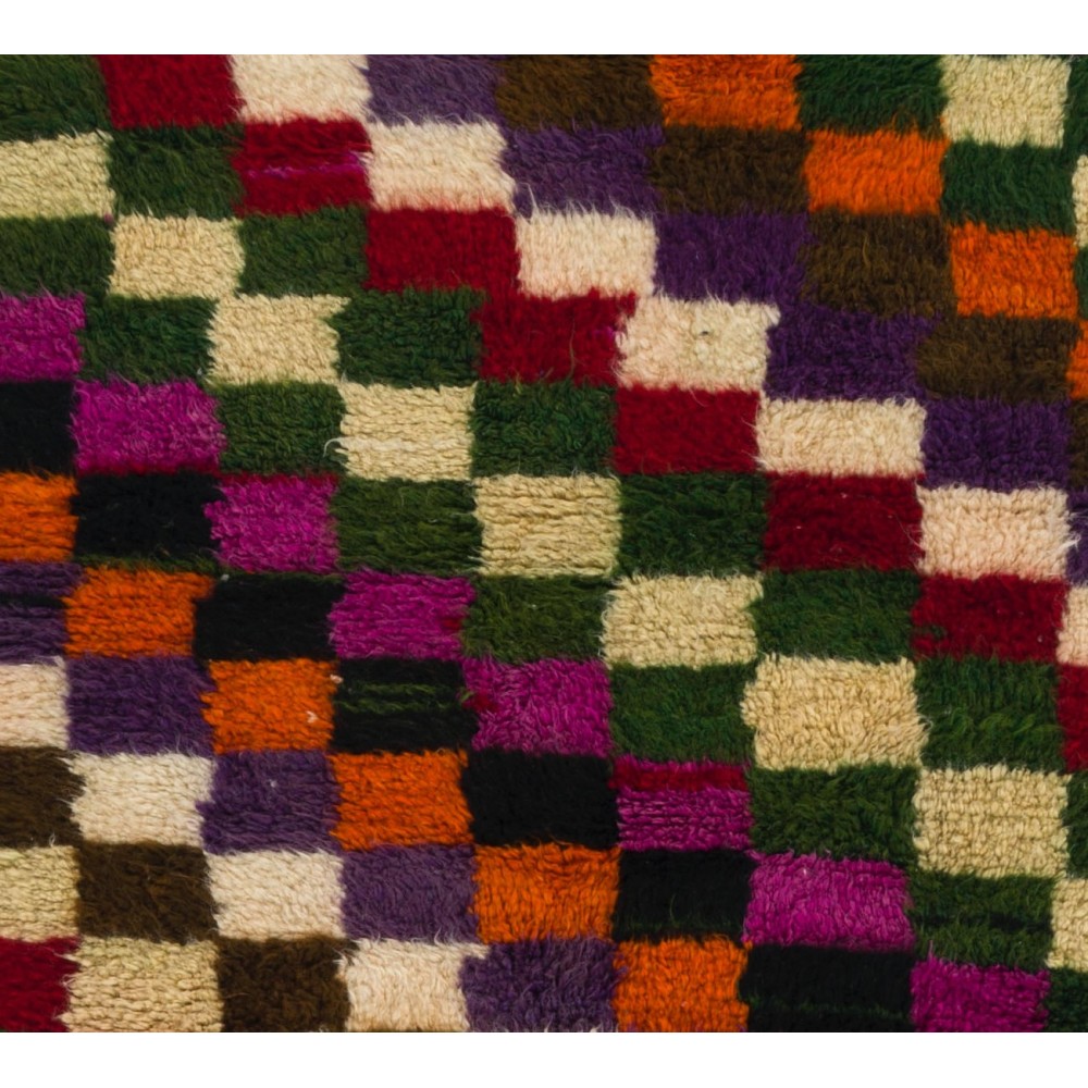 Colorful Vintage Handmade Checkered Tulu Rug, Soft Wool Pile
