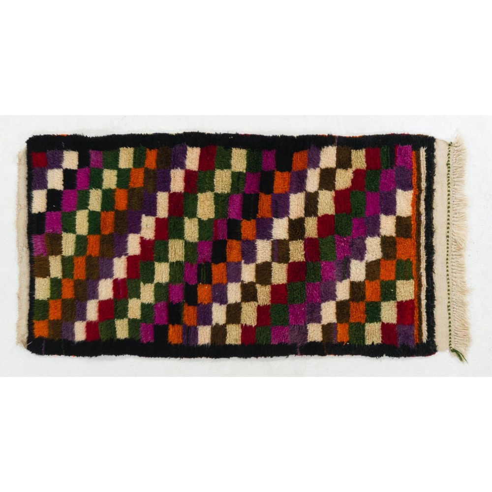 Colorful Vintage Handmade Checkered Tulu Rug, Soft Wool Pile