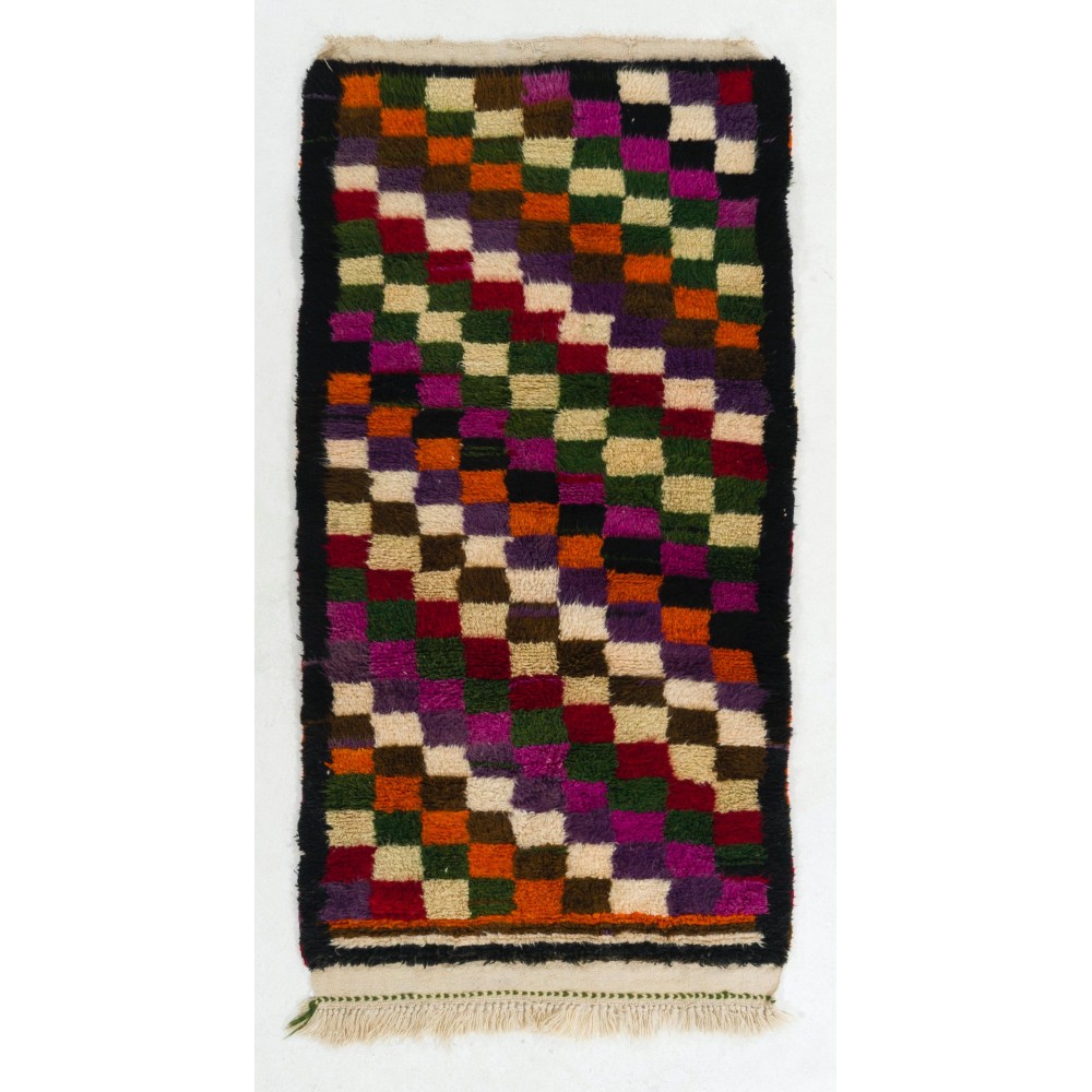 Colorful Vintage Handmade Checkered Tulu Rug, Soft Wool Pile