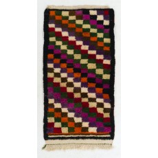Colorful Vintage Hand-Knotted Turkish Tulu Rug with Checkered Design. 100% Wool