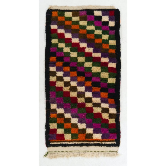 Colorful Vintage Checkered Tulu Rug, Soft Wool Pile