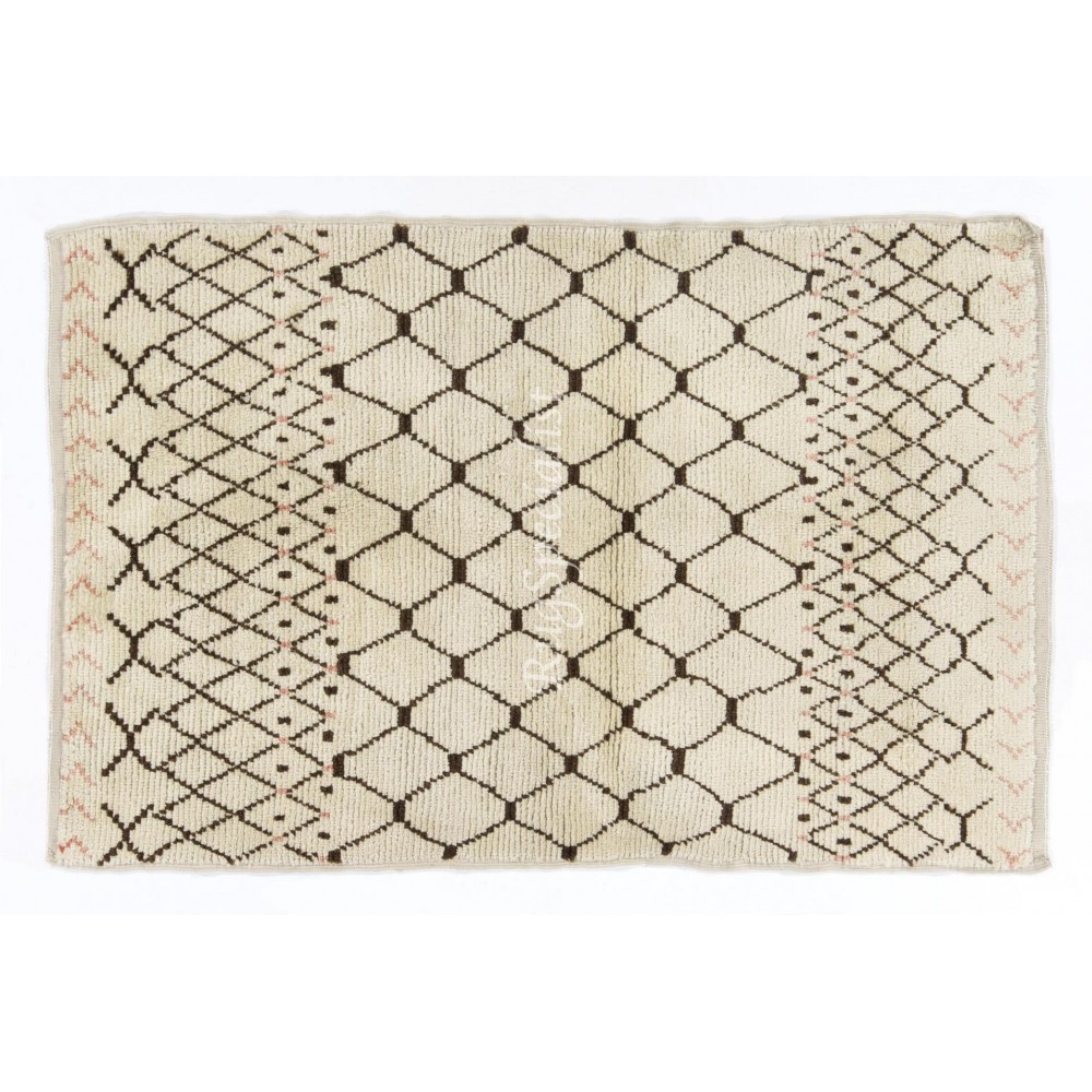 Modern Moroccan Handmade Rug in Natural Ivory and Brown Wool