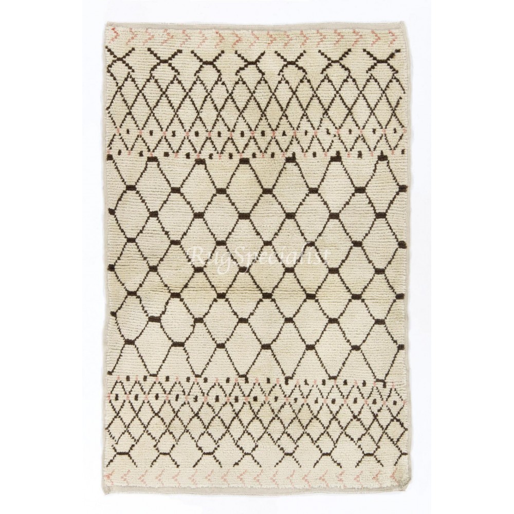 Modern Moroccan Handmade Rug in Natural Ivory and Brown Wool
