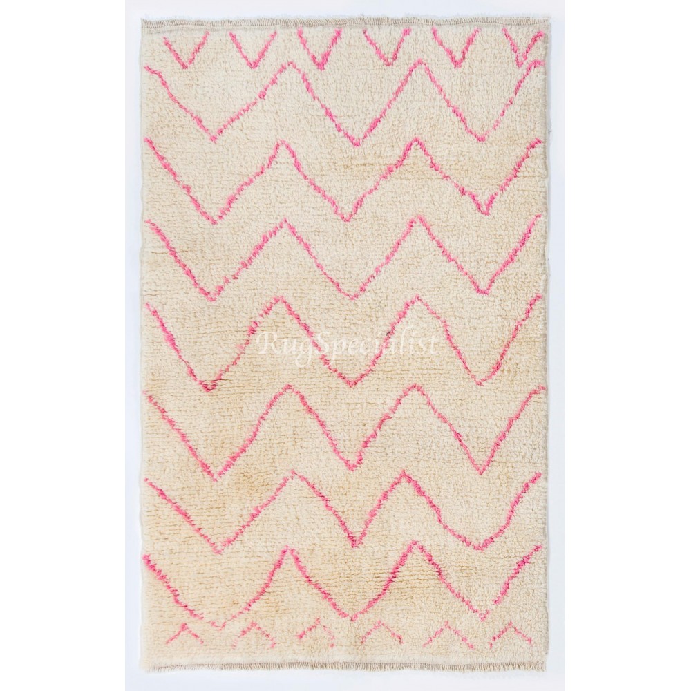 Contemporary Moroccan Rug in Pink and Cream Colors, 100% Wool