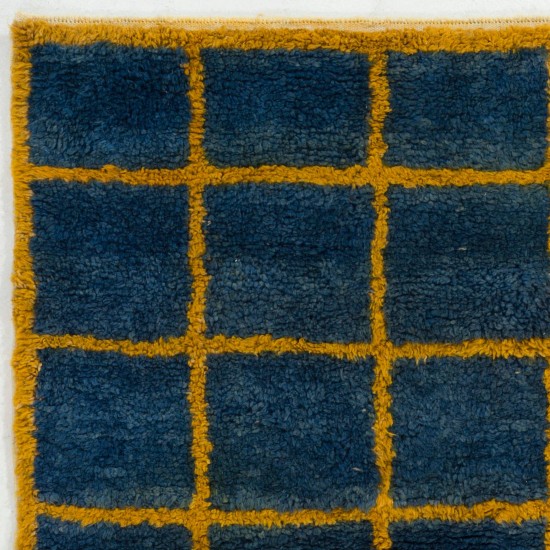 Custom Hand Knotted "Tulu" Rug in Blue & Amber Yellow Colors, Soft Wool Pile