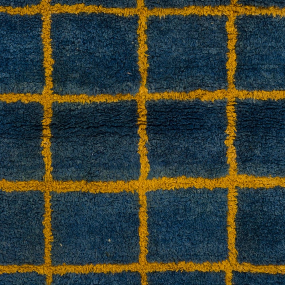 Custom Hand Knotted "Tulu" Rug in Blue & Amber Yellow Colors, Soft Wool Pile