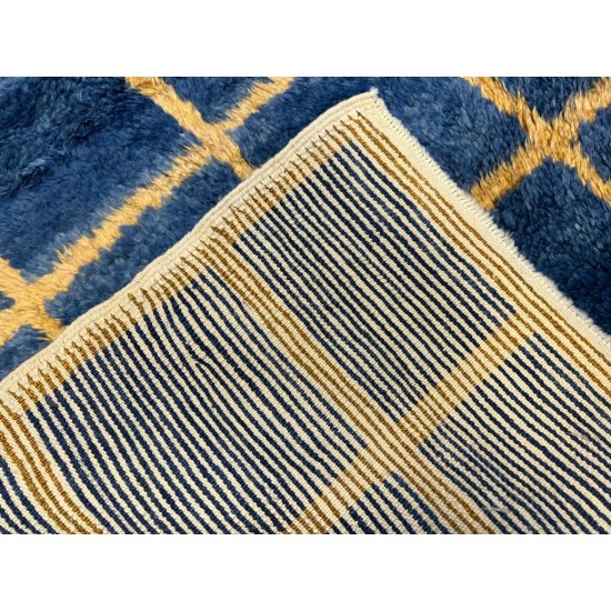 Custom Hand Knotted "Tulu" Rug in Blue & Amber Yellow Colors, Soft Wool Pile