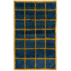 Custom Hand Knotted "Tulu" Rug in Blue & Amber Yellow Colors, Soft Wool Pile