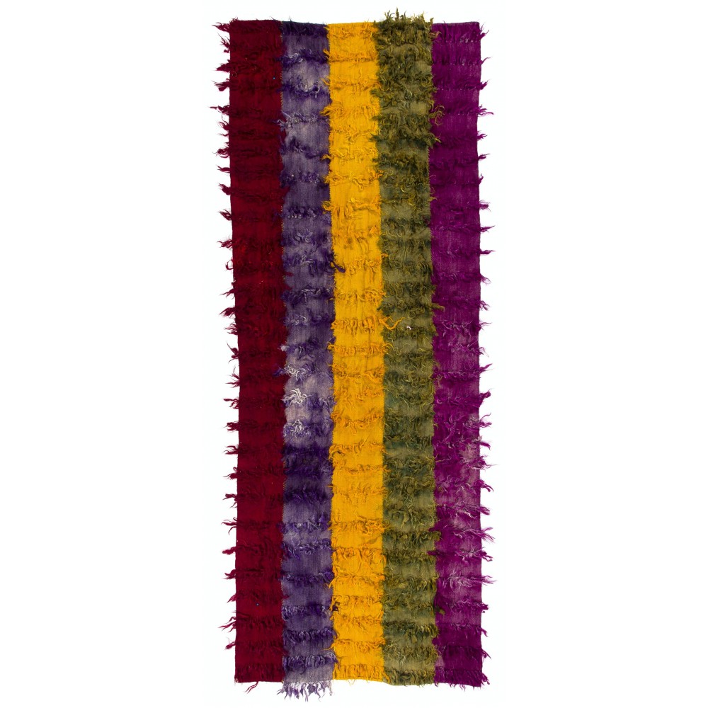 Vintage Tulu Runner Rug with Colorful Poms. 100% Soft Mohair Wool