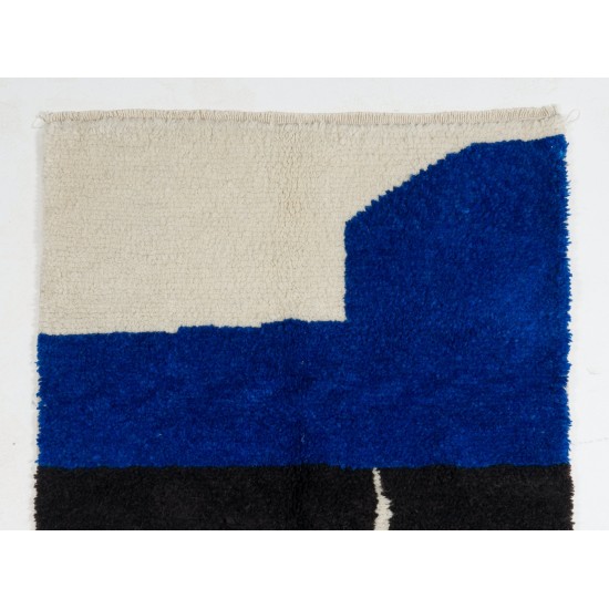 Contemporary Hand Knotted Moroccan Wool Rug in Blue, Black and Cream