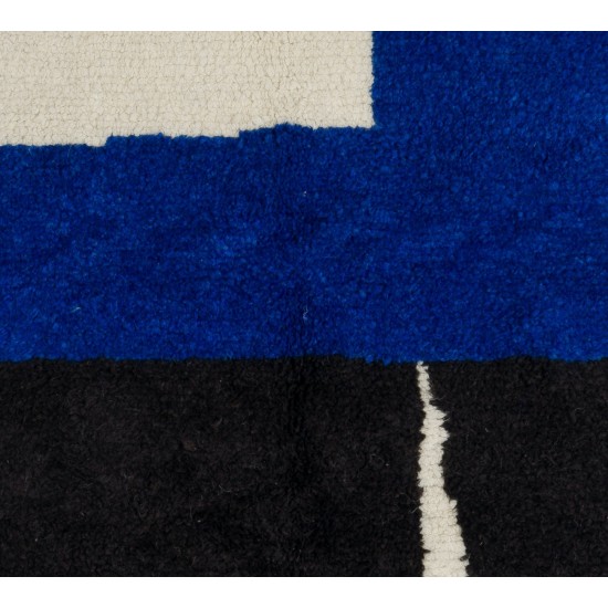 Contemporary Hand Knotted Moroccan Wool Rug in Blue, Black and Cream