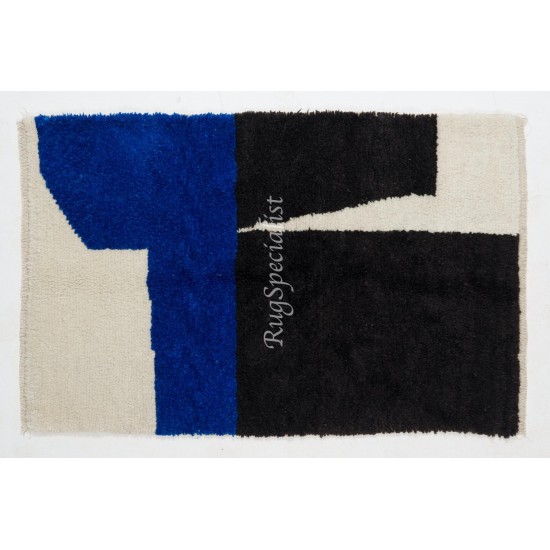 Contemporary Hand Knotted Moroccan Wool Rug in Blue, Black and Cream