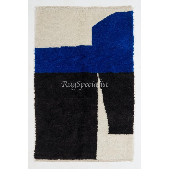 Contemporary Hand Knotted Moroccan Wool Rug in Blue, Black and Cream