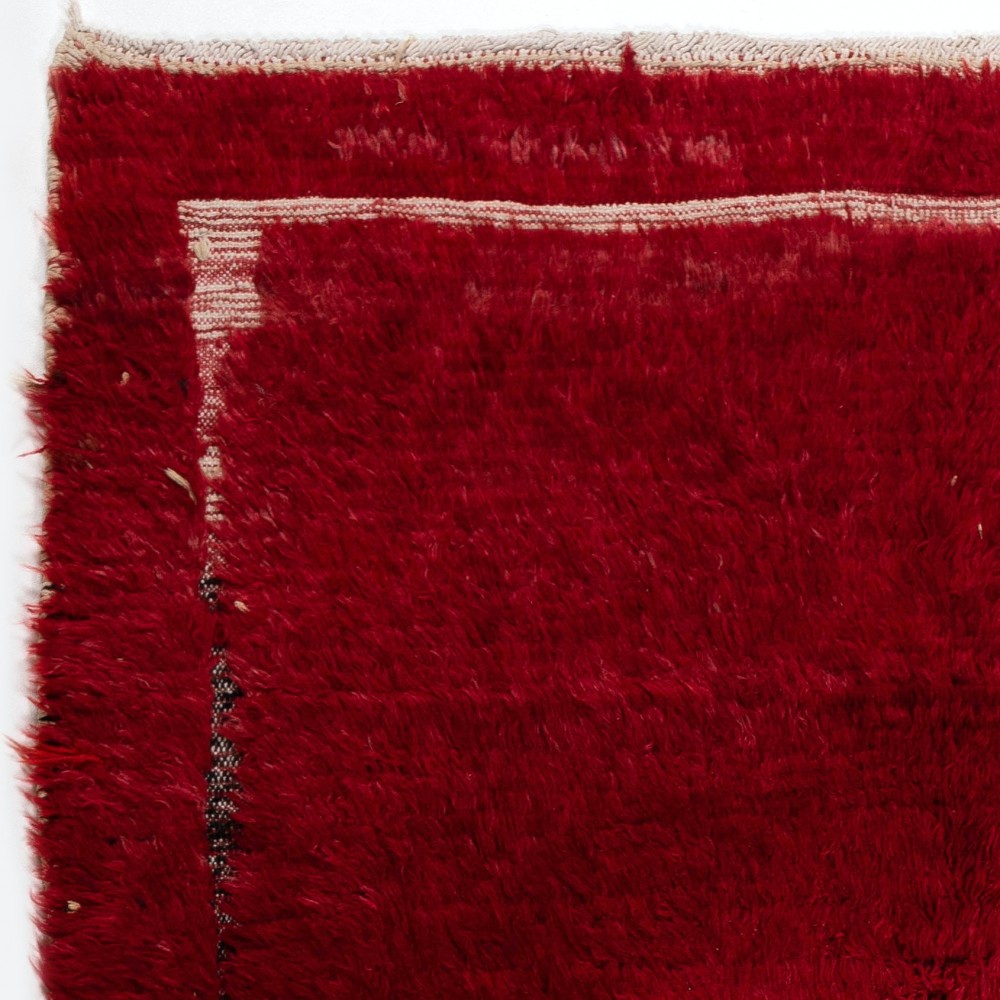 Solid Red Vintage Hand-Knotted Turkish Tulu Rug with Minimalist Ivory Border. 100% Wool Solid Red Vintage Hand-Knotted Turkish Tulu Rug with Minimalist Ivory Border. 100% Wool