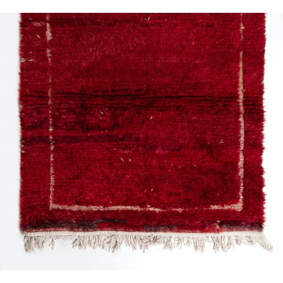 Midcentury Tulu Rug with Plain Solid Red and Ivory Frame Design