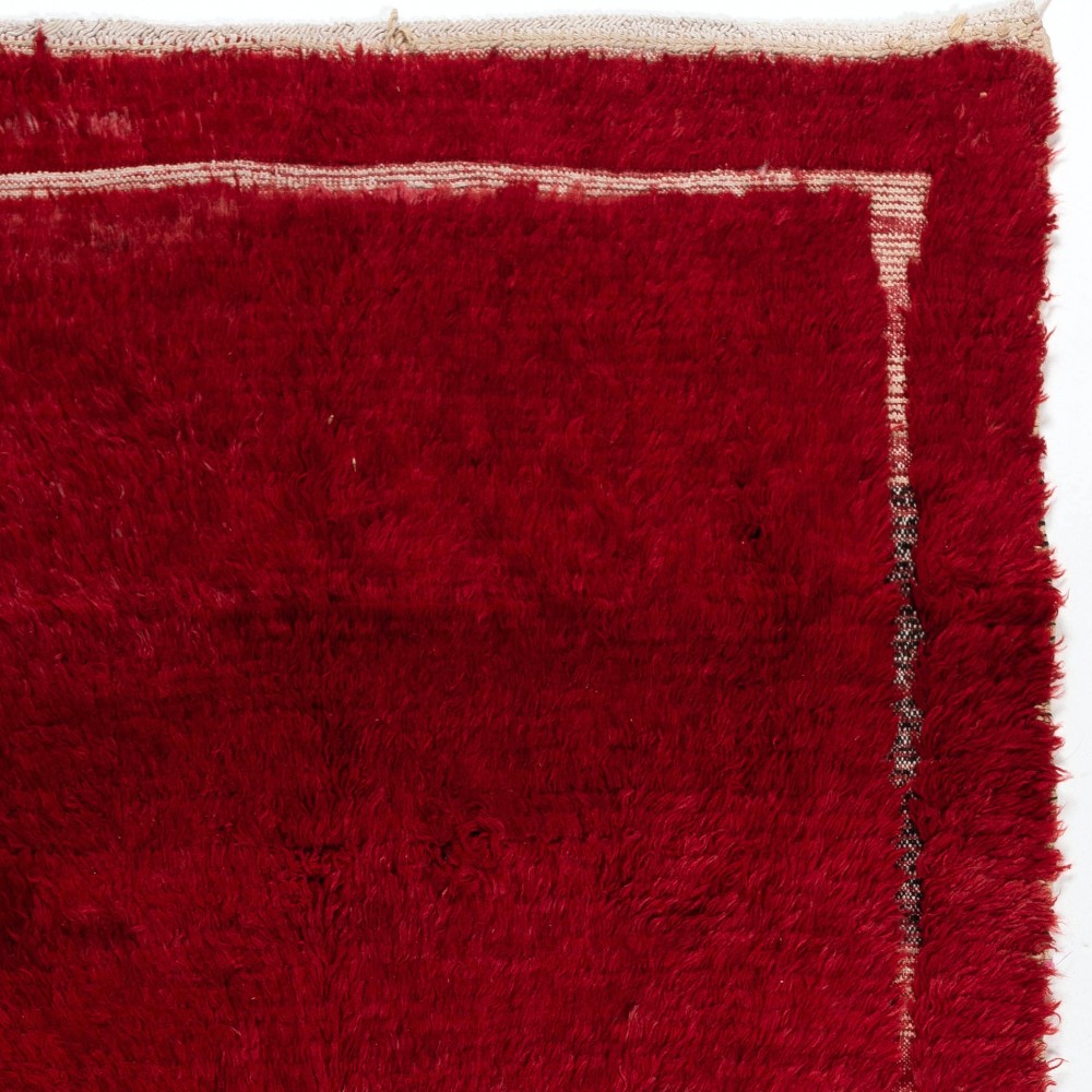 Solid Red Vintage Hand-Knotted Turkish Tulu Rug with Minimalist Ivory Border. 100% Wool Solid Red Vintage Hand-Knotted Turkish Tulu Rug with Minimalist Ivory Border. 100% Wool