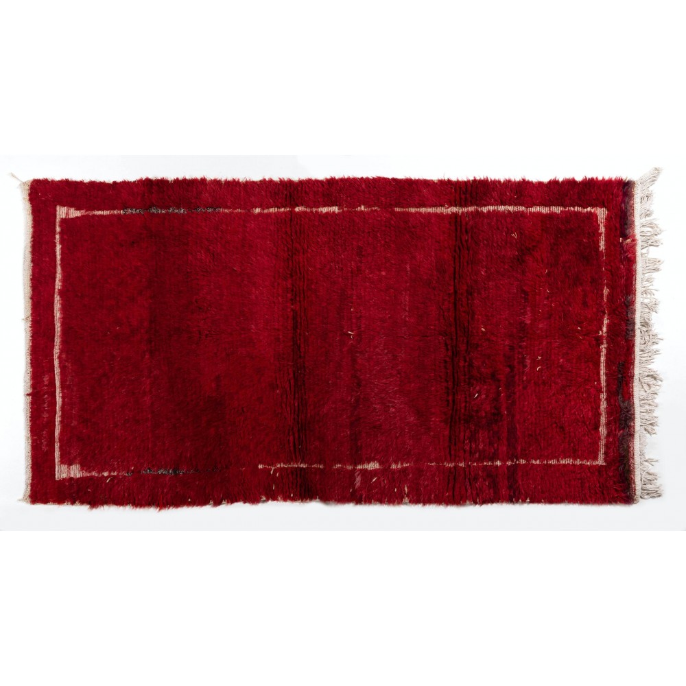 Midcentury Tulu Rug with Plain Solid Red and Ivory Frame Design