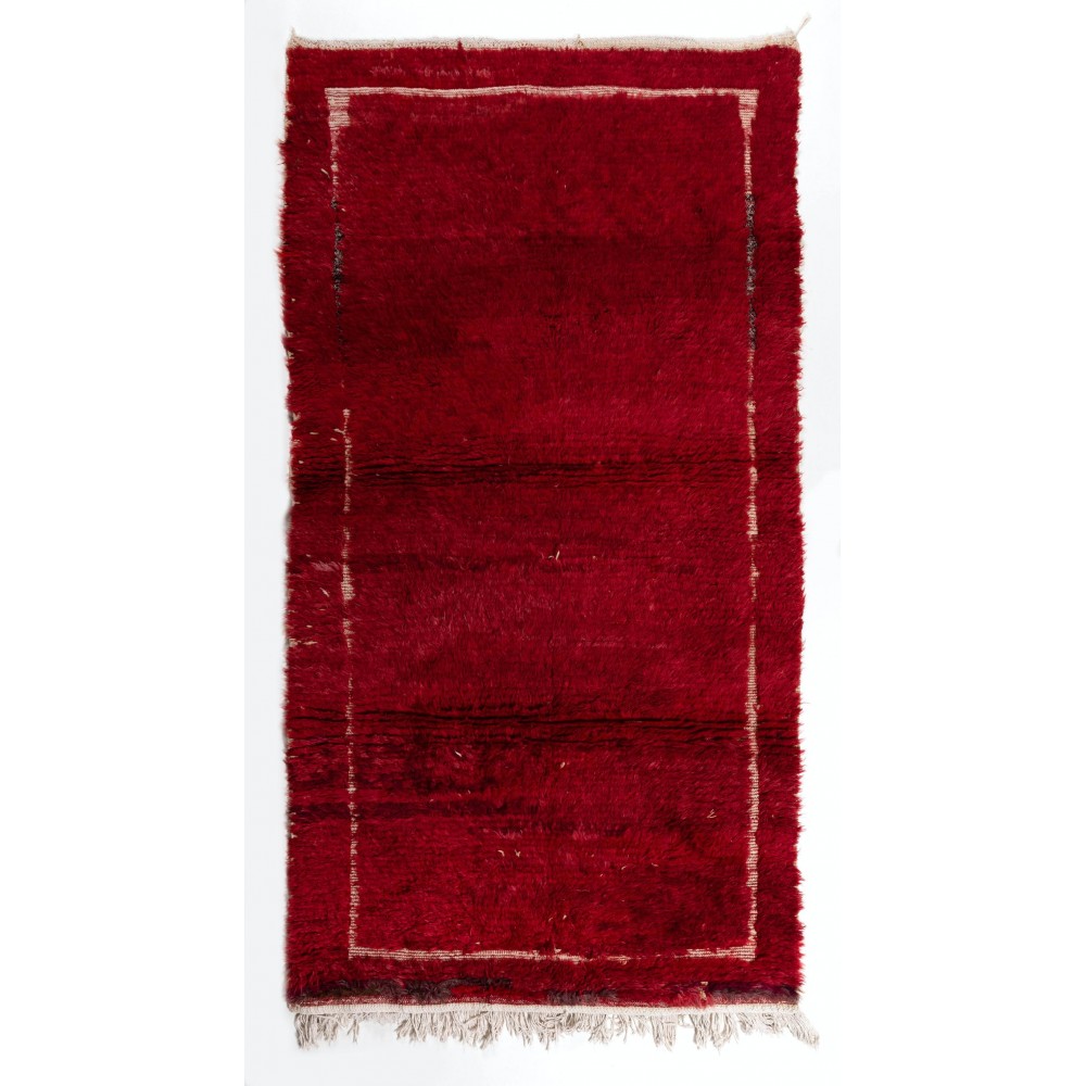 Midcentury Tulu Rug with Plain Solid Red and Ivory Frame Design