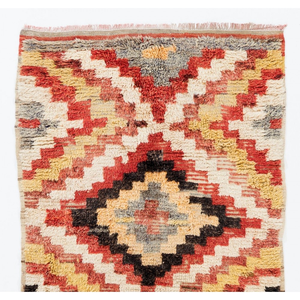 Vintage Turkish Tulu Rug, 100% Wool, Colorful Handknotted Checkered Carpet