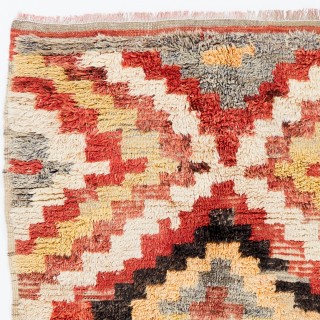 Vintage Hand-Knotted Turkish Tulu Rug with Geometric Design in Red, Cream, Yellow and Gray, 100% Wool Vintage Hand-Knotted Turkish Tulu Rug with Geometric Design in Red, Cream, Yellow and Gray, 100% Wool