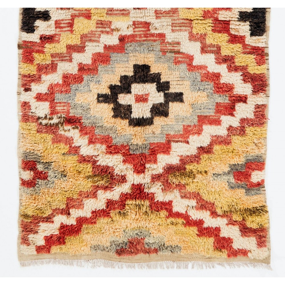 Vintage Turkish Tulu Rug, 100% Wool, Colorful Handknotted Checkered Carpet