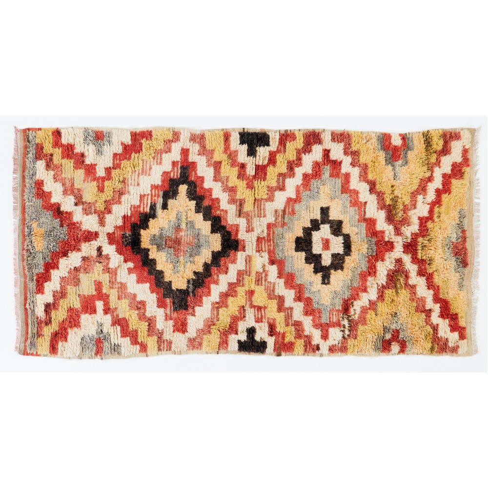 Vintage Turkish Tulu Rug, 100% Wool, Colorful Handknotted Checkered Carpet
