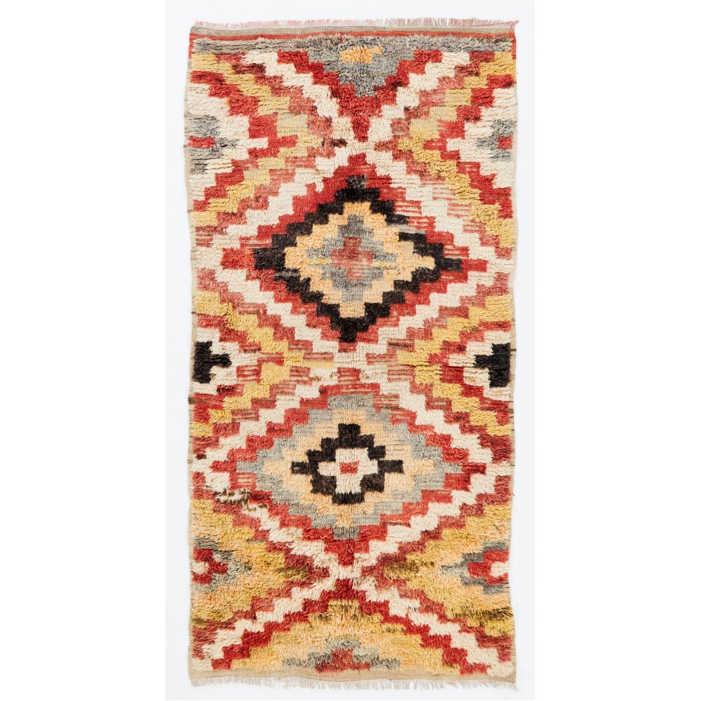 Vintage Turkish Tulu Rug, 100% Wool, Colorful Handknotted Checkered Carpet