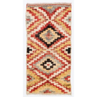Vintage Turkish Tulu Rug, 100% Wool, Colorful Handknotted Checkered Carpet