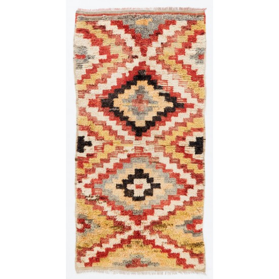 Multicolor Hand-Knotted Vintage Tulu Runner Rug, Checkered Wool Carpet