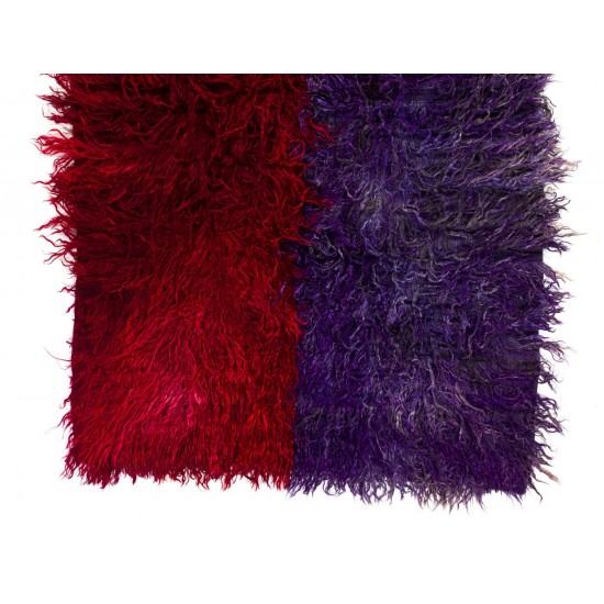 Handmade Vintage Shag Pile Tulu Rug in Red and Violet Blue Color