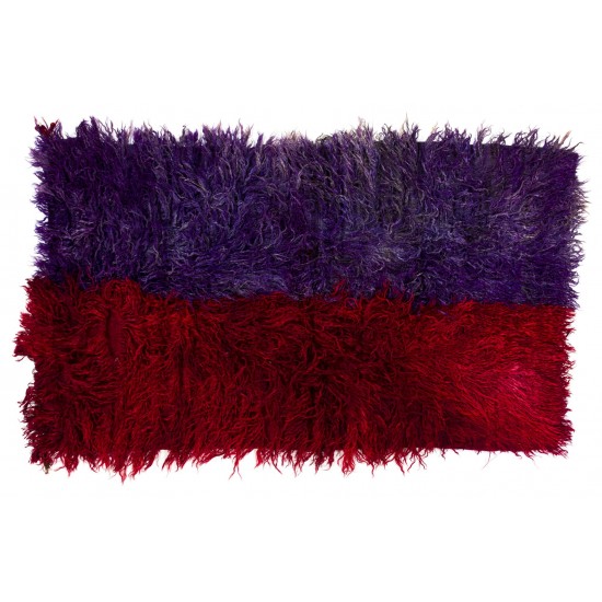 Handmade Vintage Shag Pile Tulu Rug in Red and Violet Blue Color