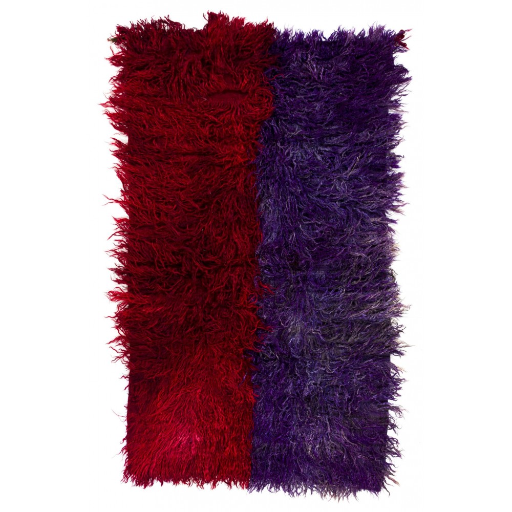 Handmade Vintage Shag Pile Tulu Rug in Red and Violet Blue Color