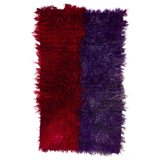 Handmade Vintage Shag Pile Tulu Rug in Red and Violet Blue Color Handmade Vintage Shag Pile Tulu Rug in Red and Violet Blue Color