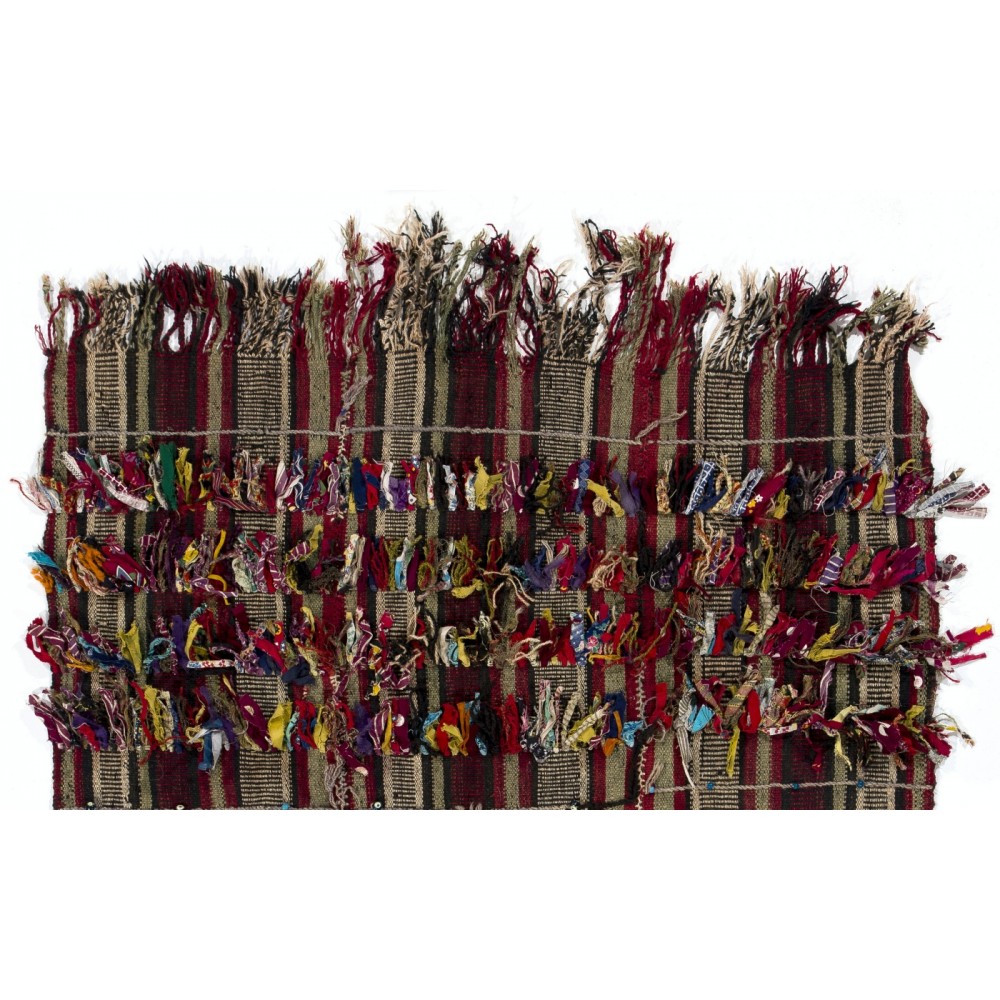 Vintage Tribal Anatolian Kilim with Colorful Poms. Folk Art. Wall Hanging.
