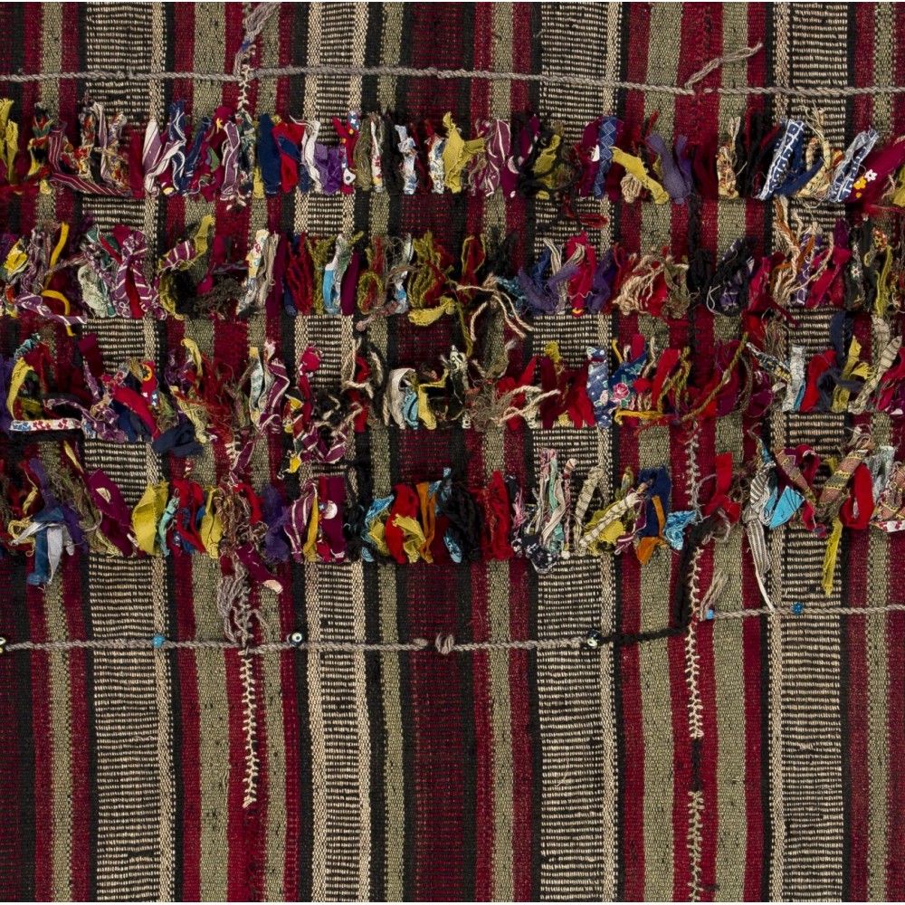 Vintage Tribal Anatolian Kilim with Colorful Poms. Folk Art. Wall Hanging.