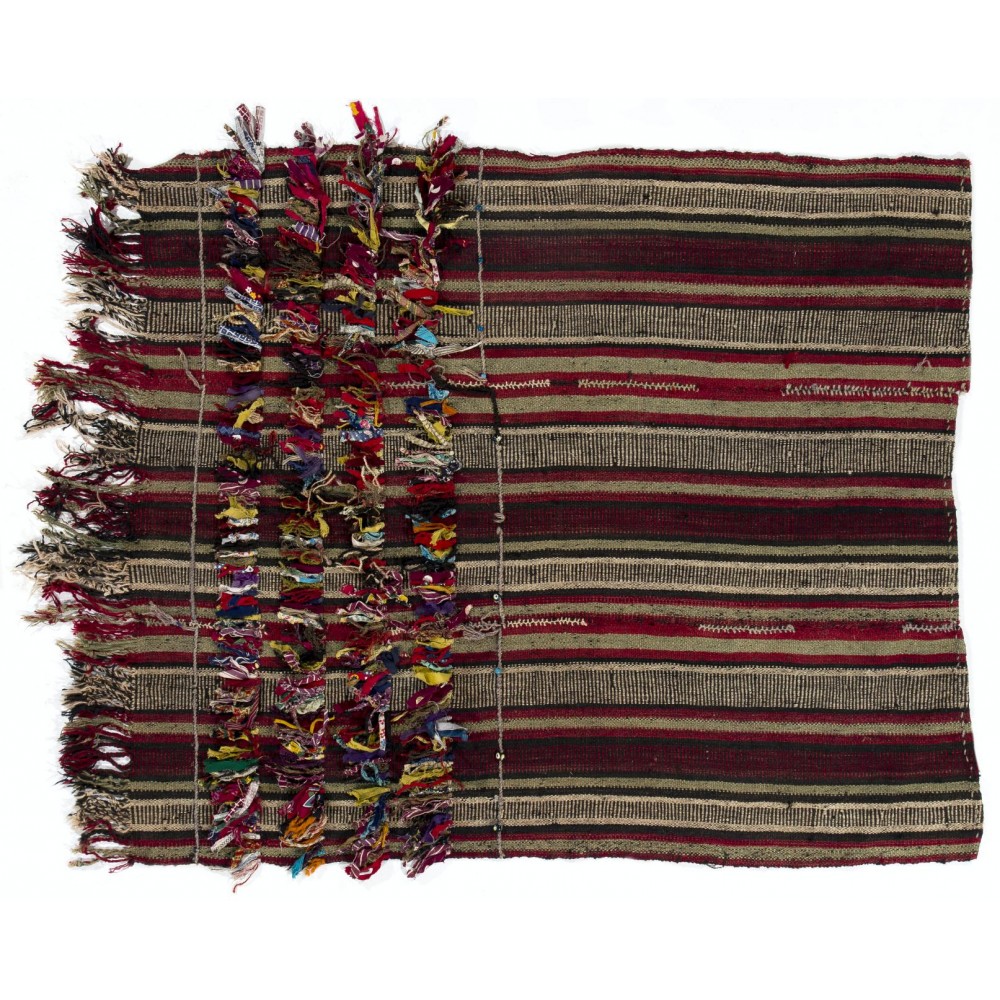 Vintage Tribal Anatolian Kilim with Colorful Poms. Folk Art. Wall Hanging.
