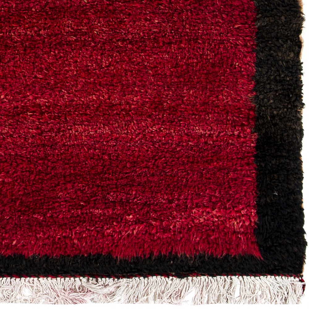 Minimalist Handmade Tulu Rug with Border. Red Color Moroccan Berber Style Carpet. All Wool