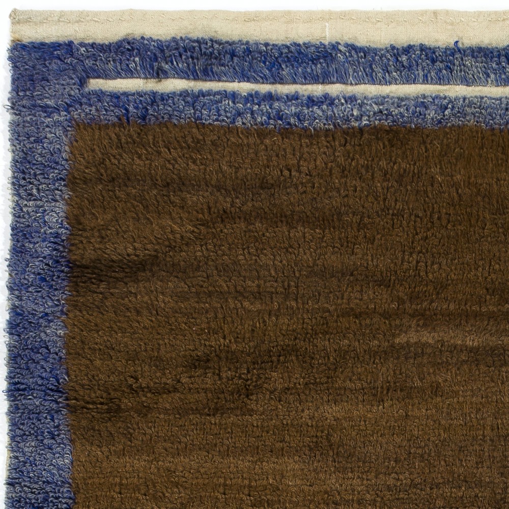 Minimalist Hand-knotted Tulu Rug with Brown Field and Blue Border. 100% Wool